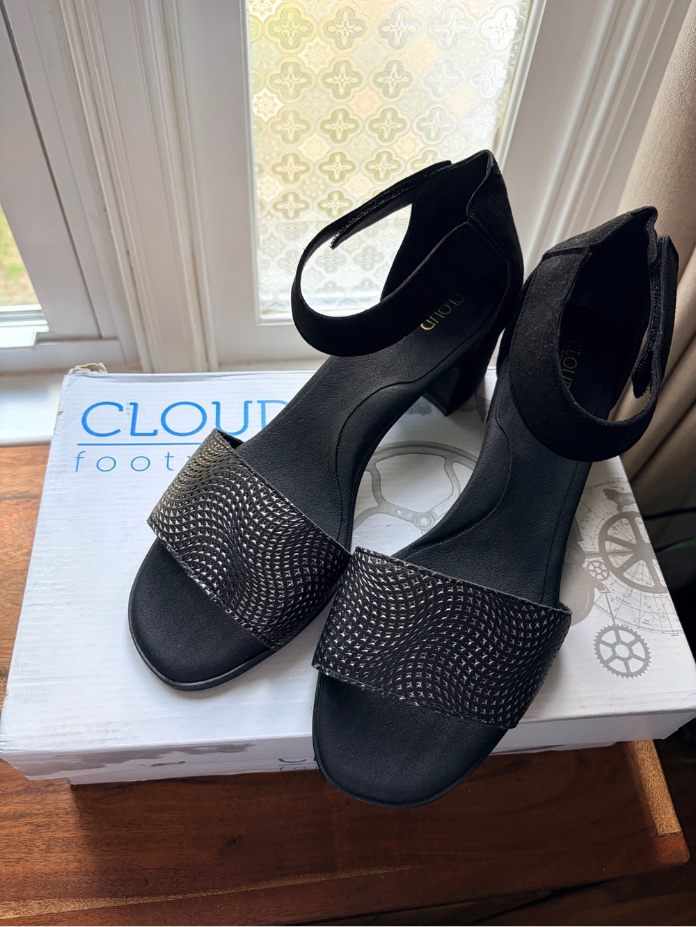 Cloudwalk Black Ankle-Strap Heels with Textured Front Band